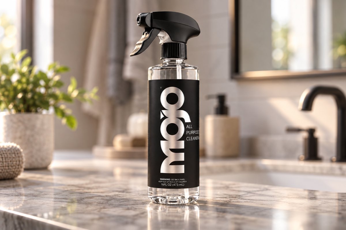 The MOJO bottle on a bathroom vanity.