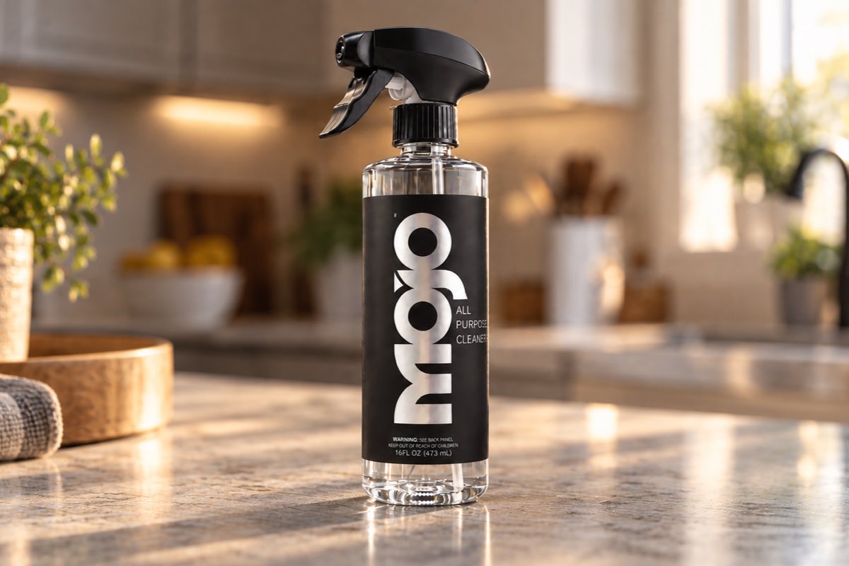 The MOJO bottle on a sunlit kitchen counter.