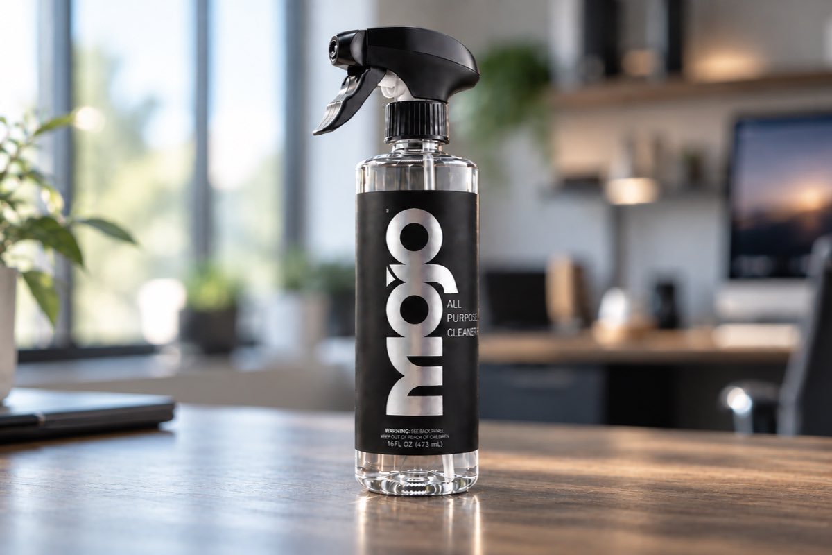 The MOJO bottle on a wooden desk in a bright office.
