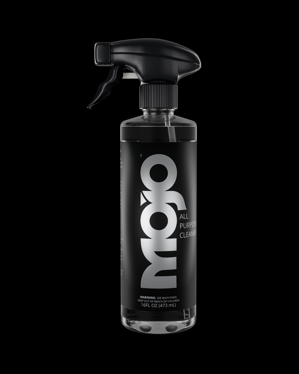 The MOJO bottle from the front with the trigger sprayer attached, on black.